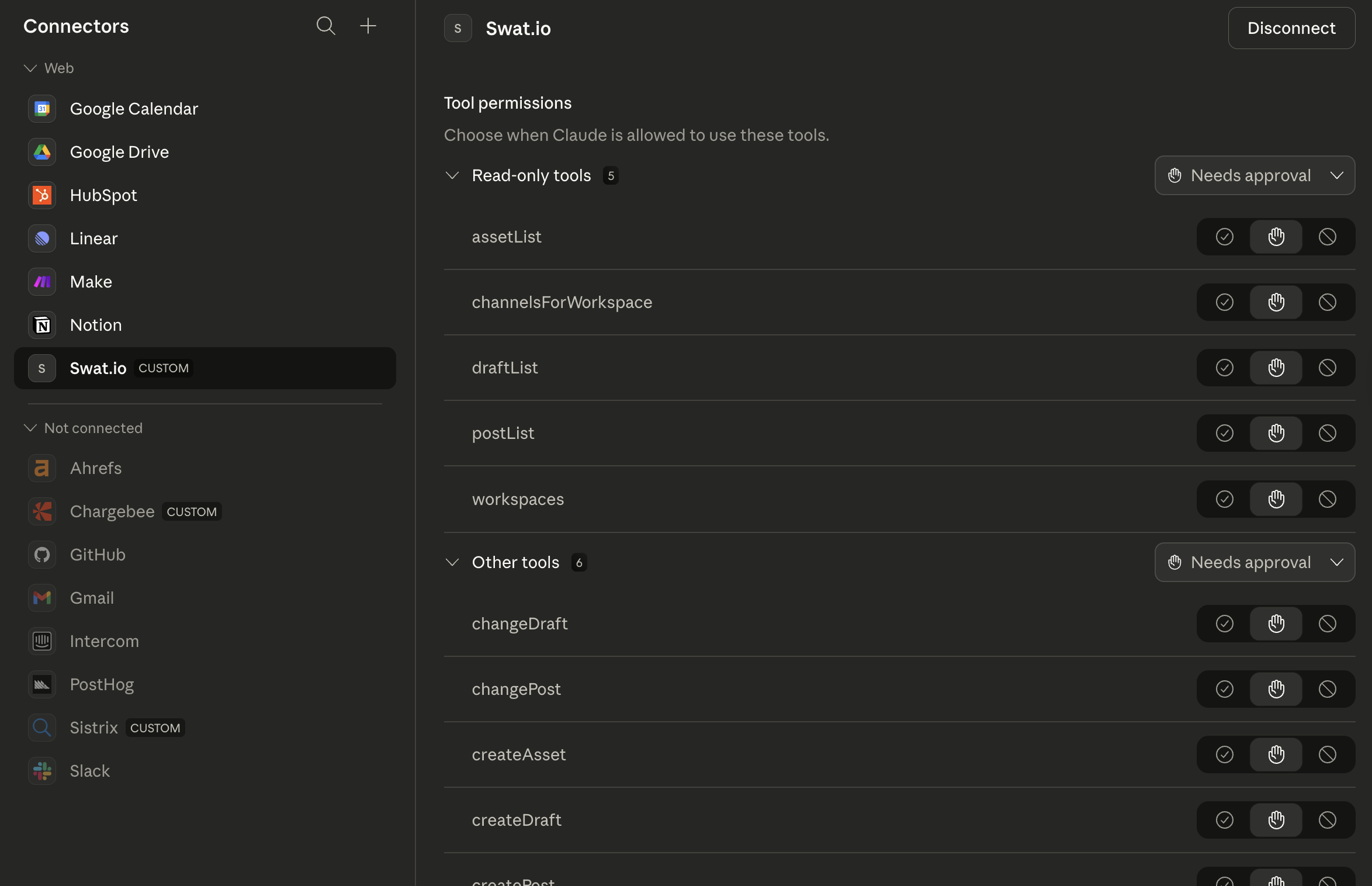 Swat.io connected with tool permissions visible