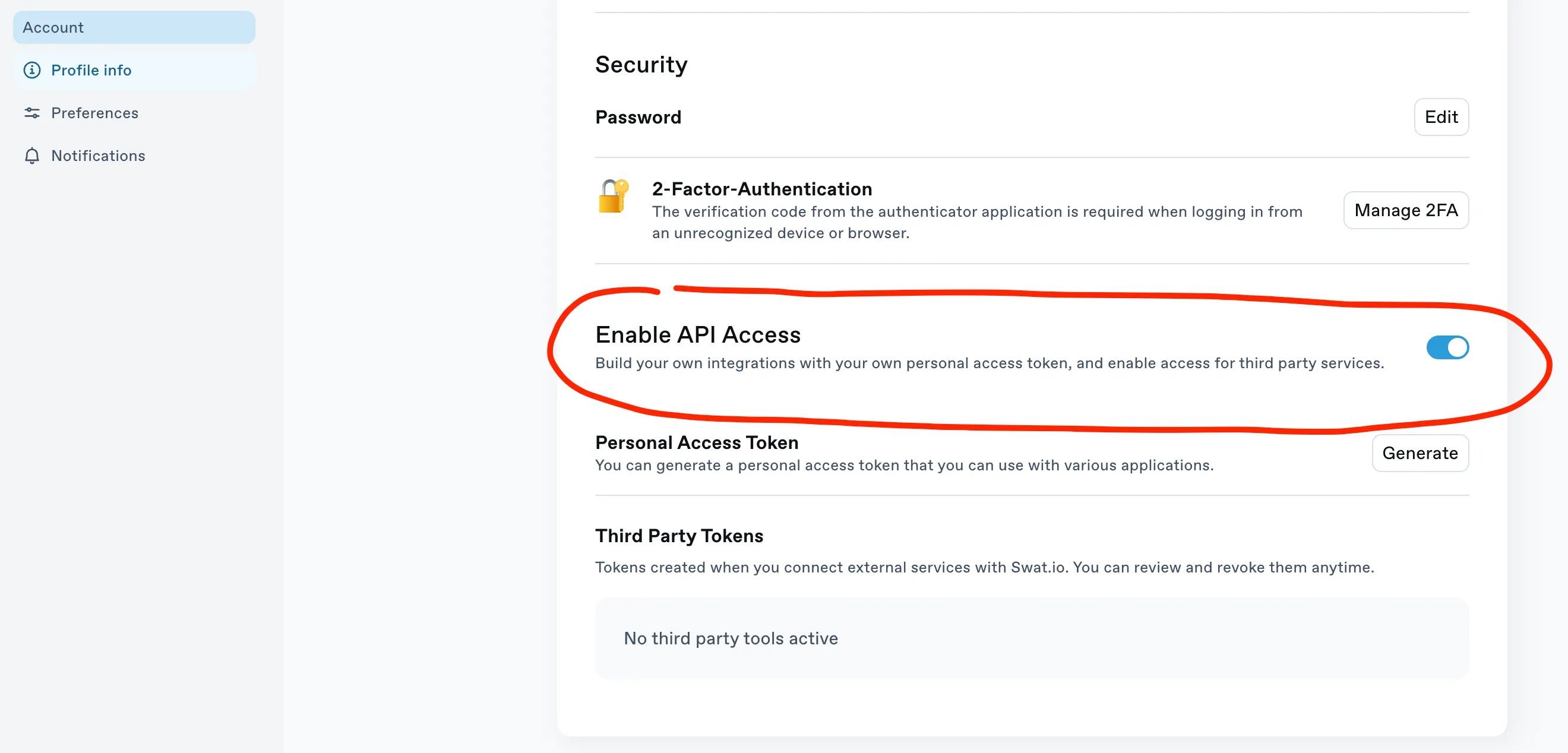 Enable Swat.io API Access in User Settings